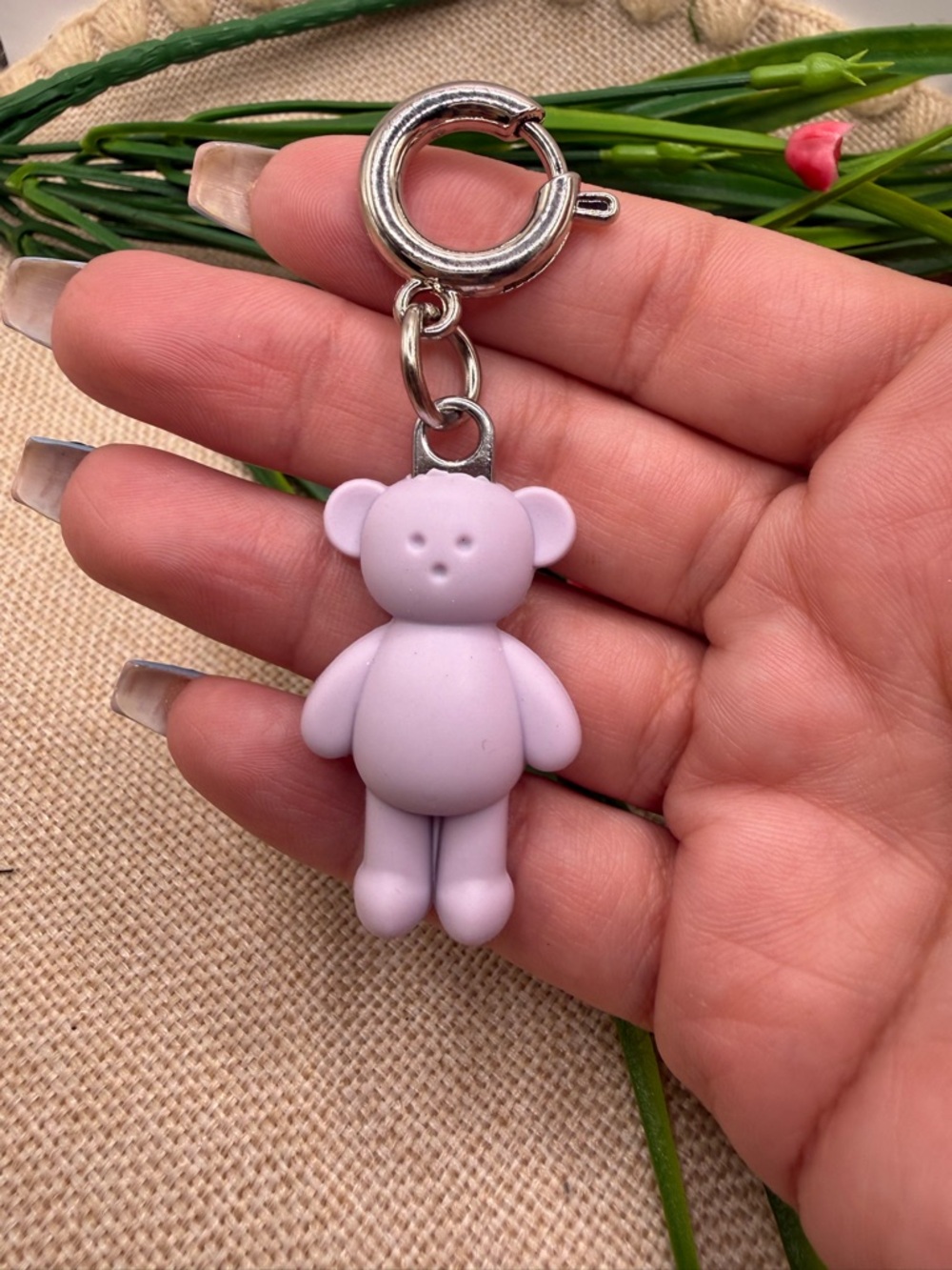 Lilac Bear Keychain Card Holder - Silver Hardware